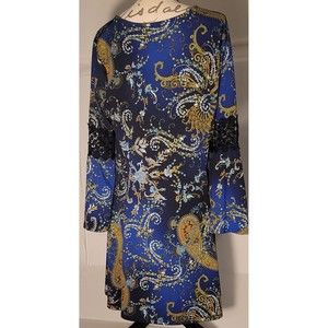 NY Collection Women's Blue, Black & Gold Paisley Bell Sleeved Dress Size XL